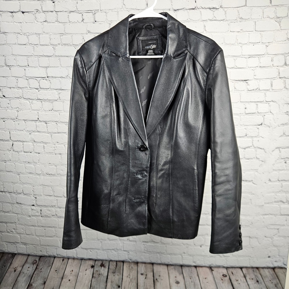 East 5th Womens Black Genuine Leather Blazer Jacket 3 Button Nappa Large L